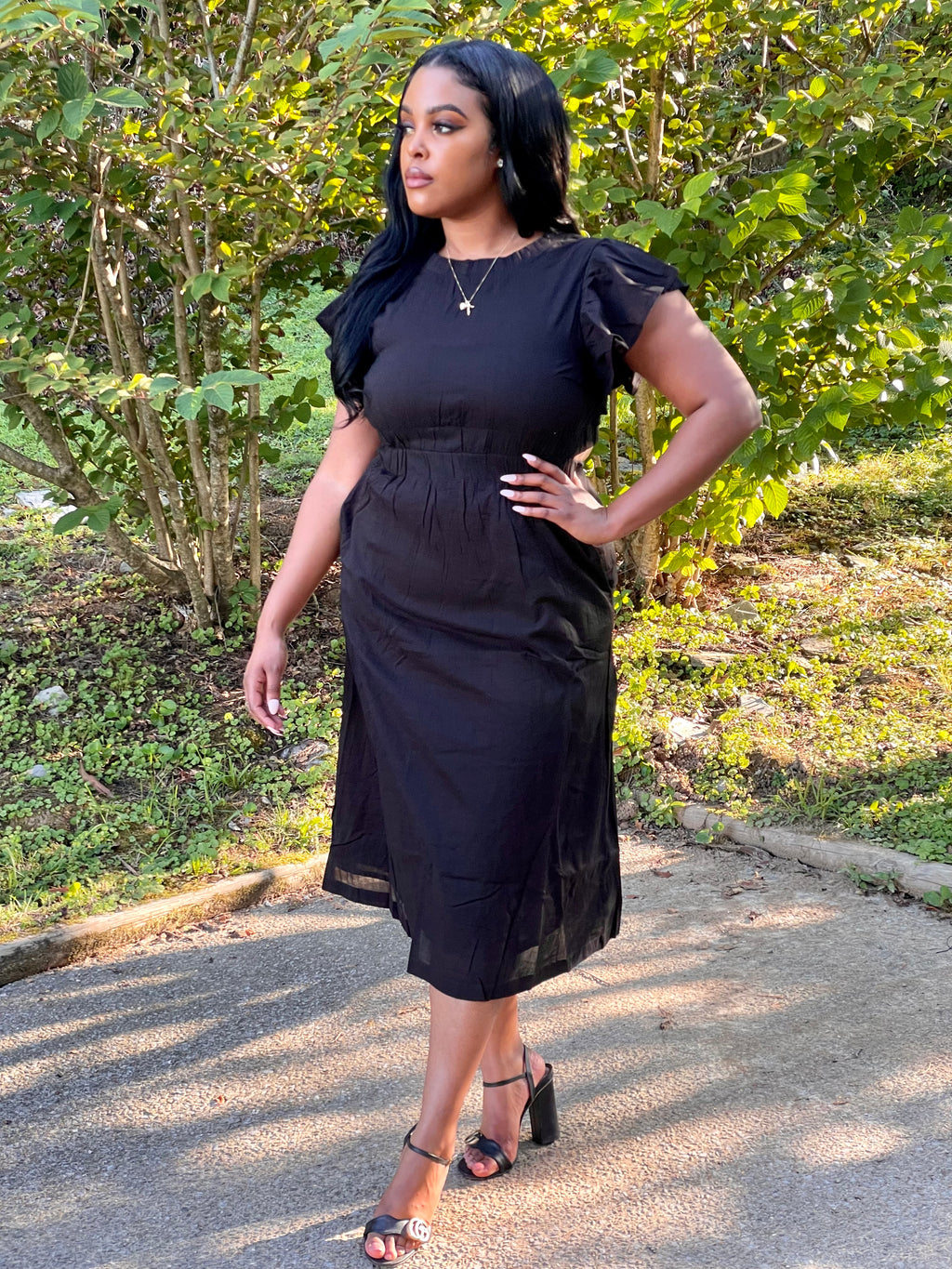 Ebony Flutter Sleeve Cut-out Back Midi Dress